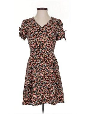 LOFT Black Mini Dress with Coral and Blue Small Floral Print